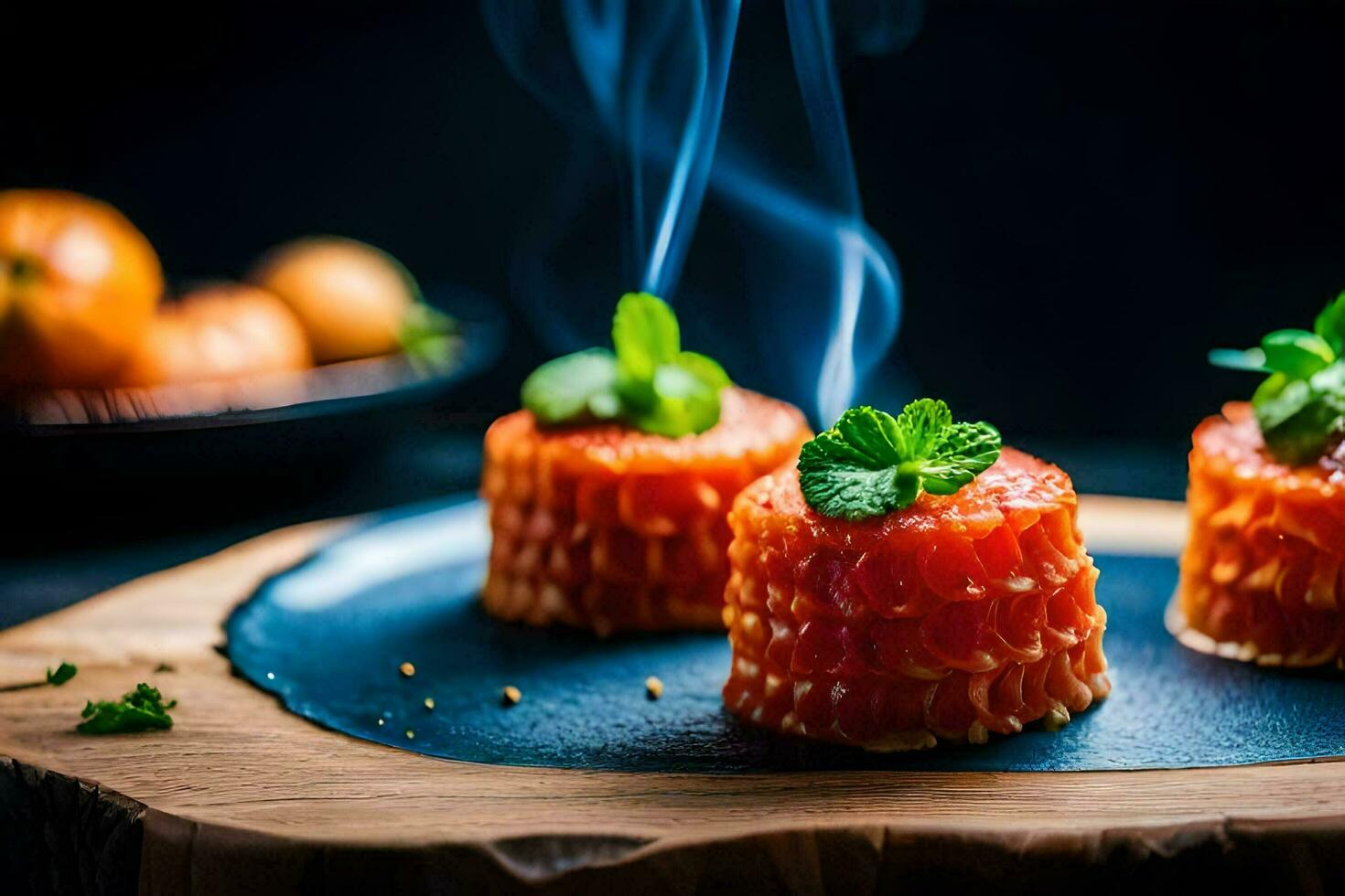 smoke rises from a plate of food with a garnish of mint. AI-Generated photo