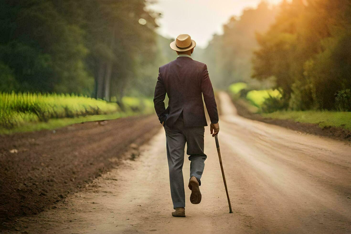 un hombre en un traje y sombrero caminando abajo un suciedad la carretera. generado por ai foto