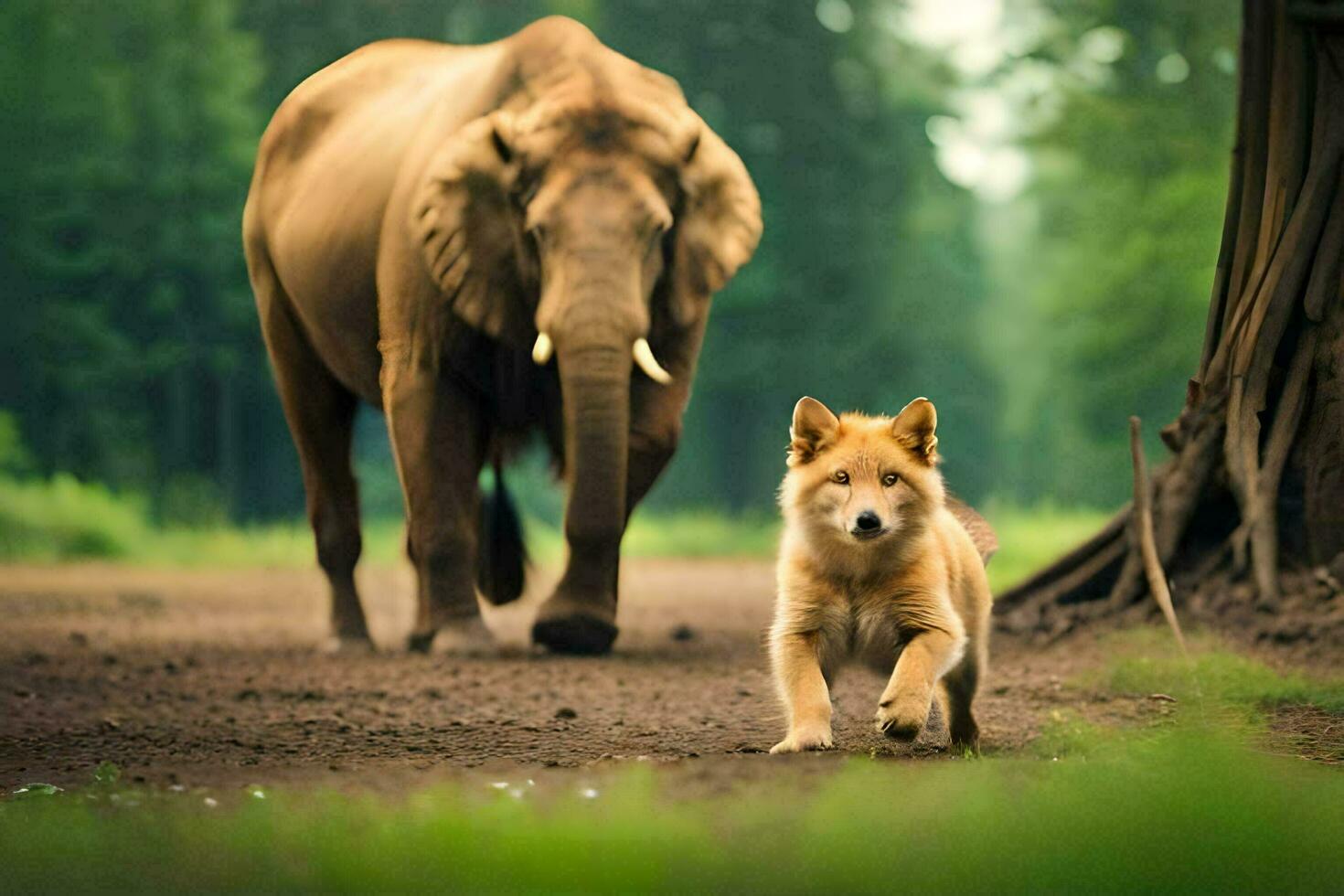 a dog and an elephant walking on a dirt road. AI-Generated photo