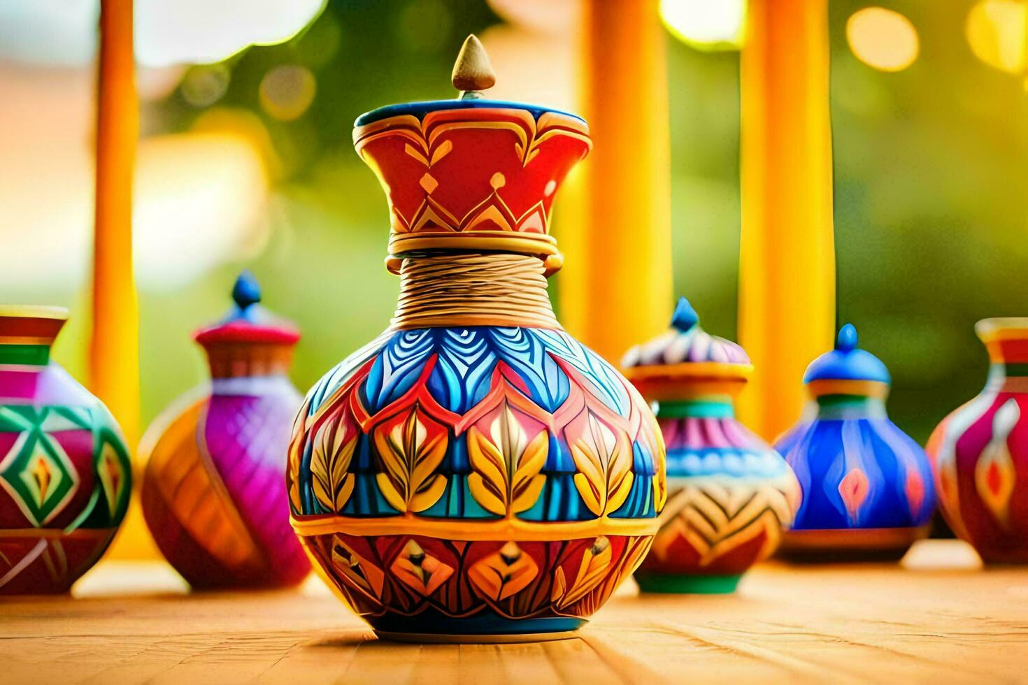 colorful vases on a wooden table. AI-Generated photo