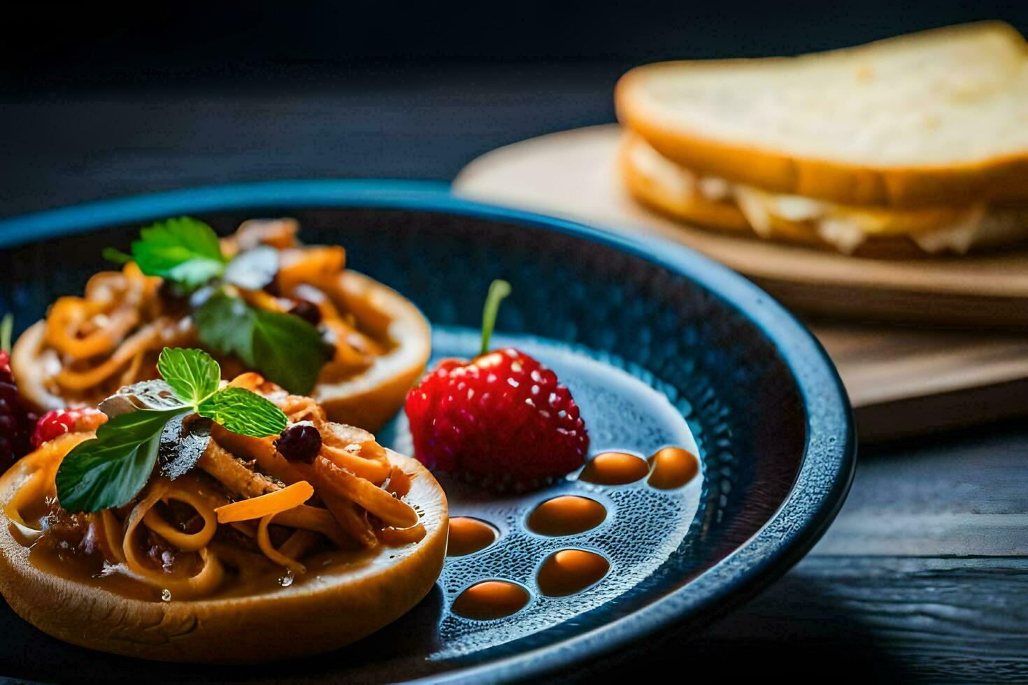 a plate with two sandwiches and strawberries. AI-Generated photo