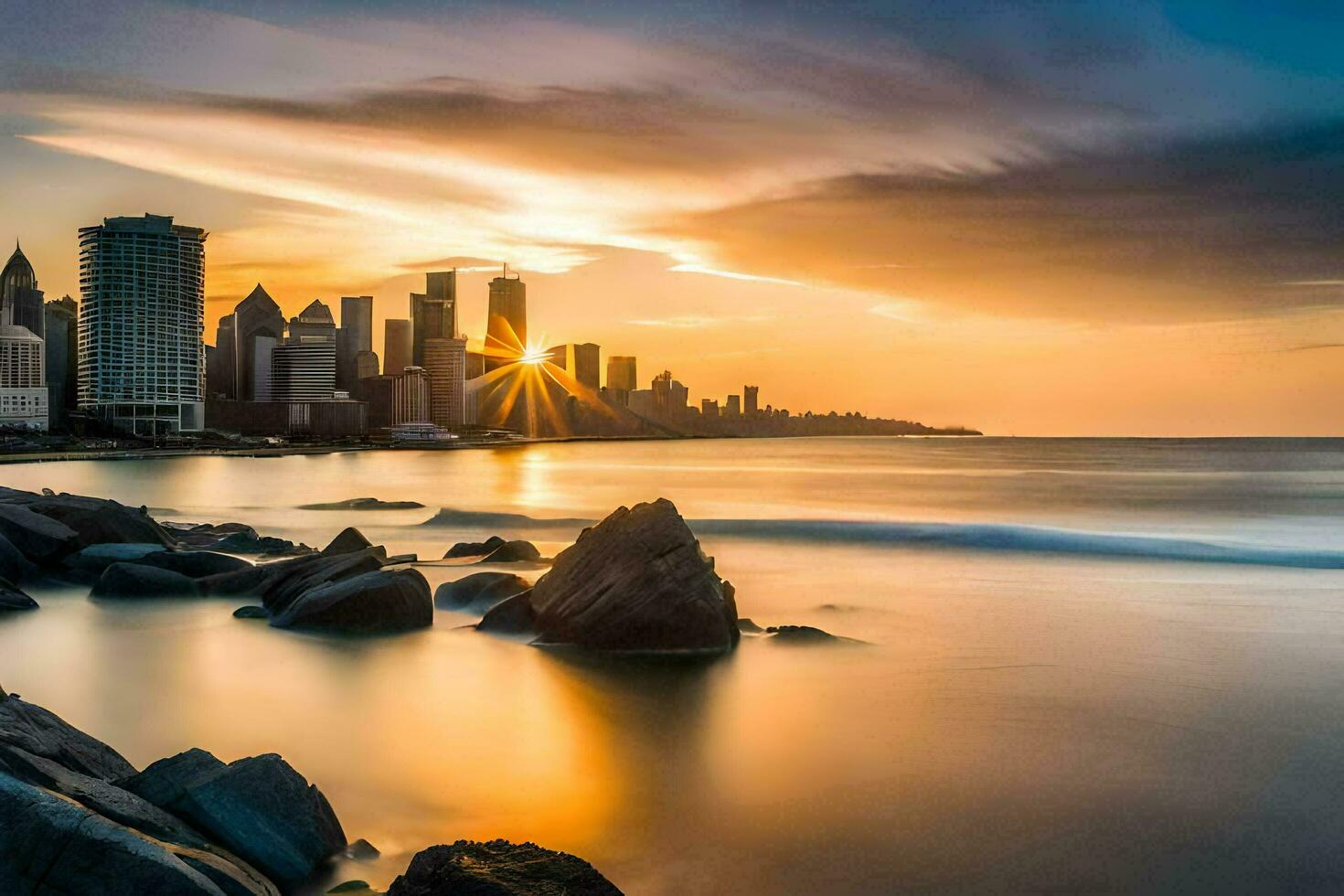 the sun sets over the city skyline in chicago. AI-Generated photo