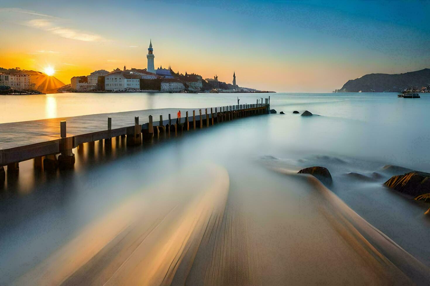 the sun sets over the water and pier in rovinj, croatia. AI-Generated photo