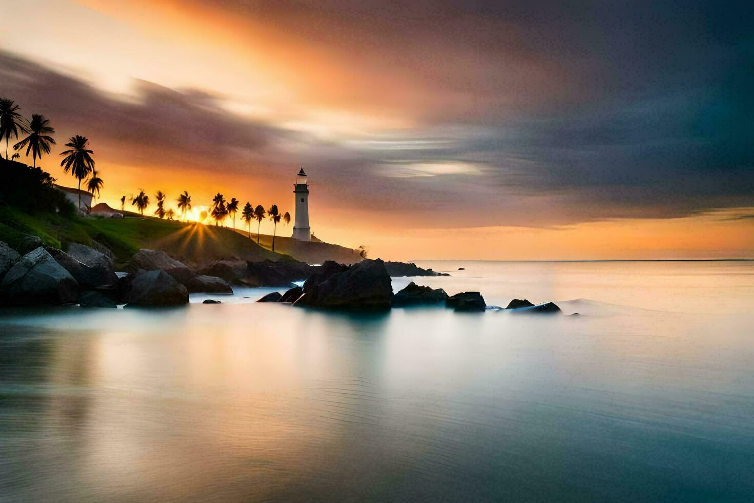 a lighthouse stands on the shore of a body of water. AI-Generated photo