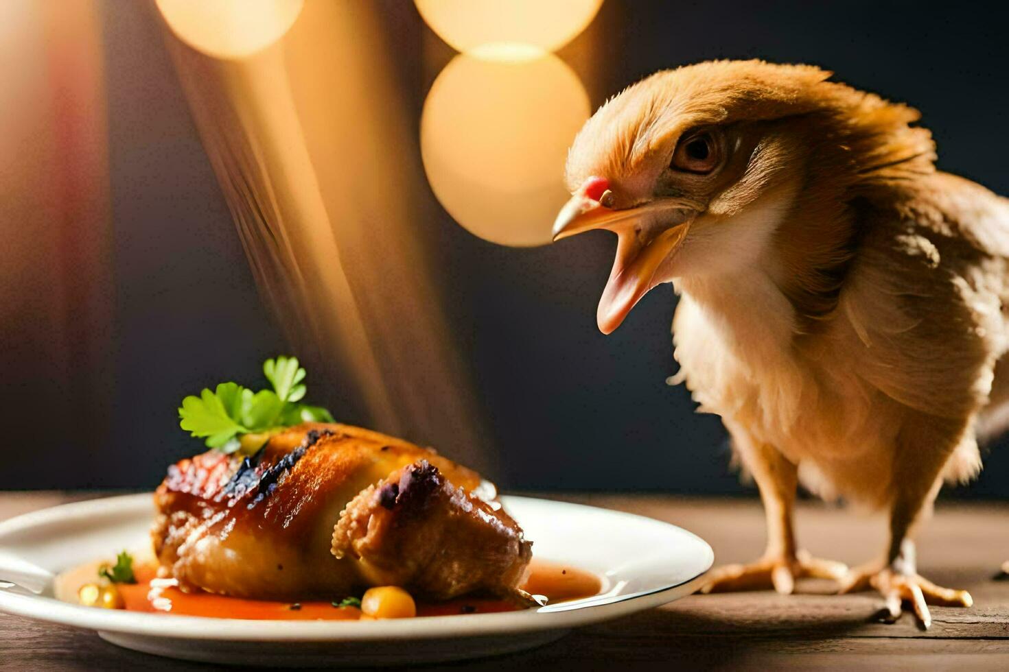 a chicken is standing next to a plate of food. AI-Generated photo