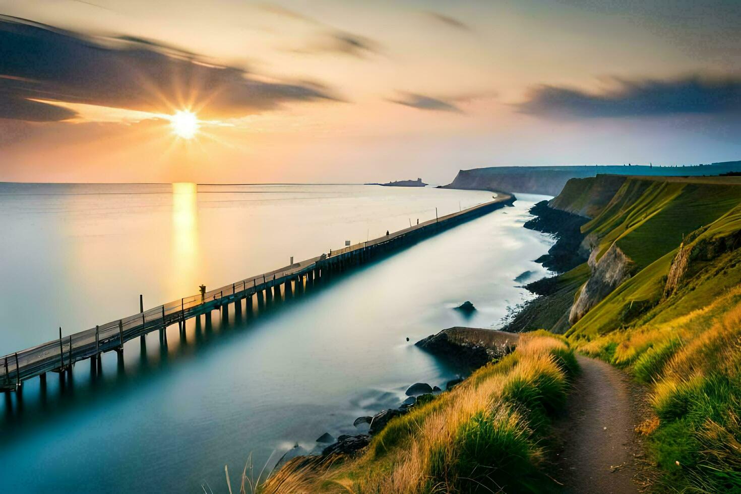 the sun sets over a long pier and grassy hillside. AI-Generated photo