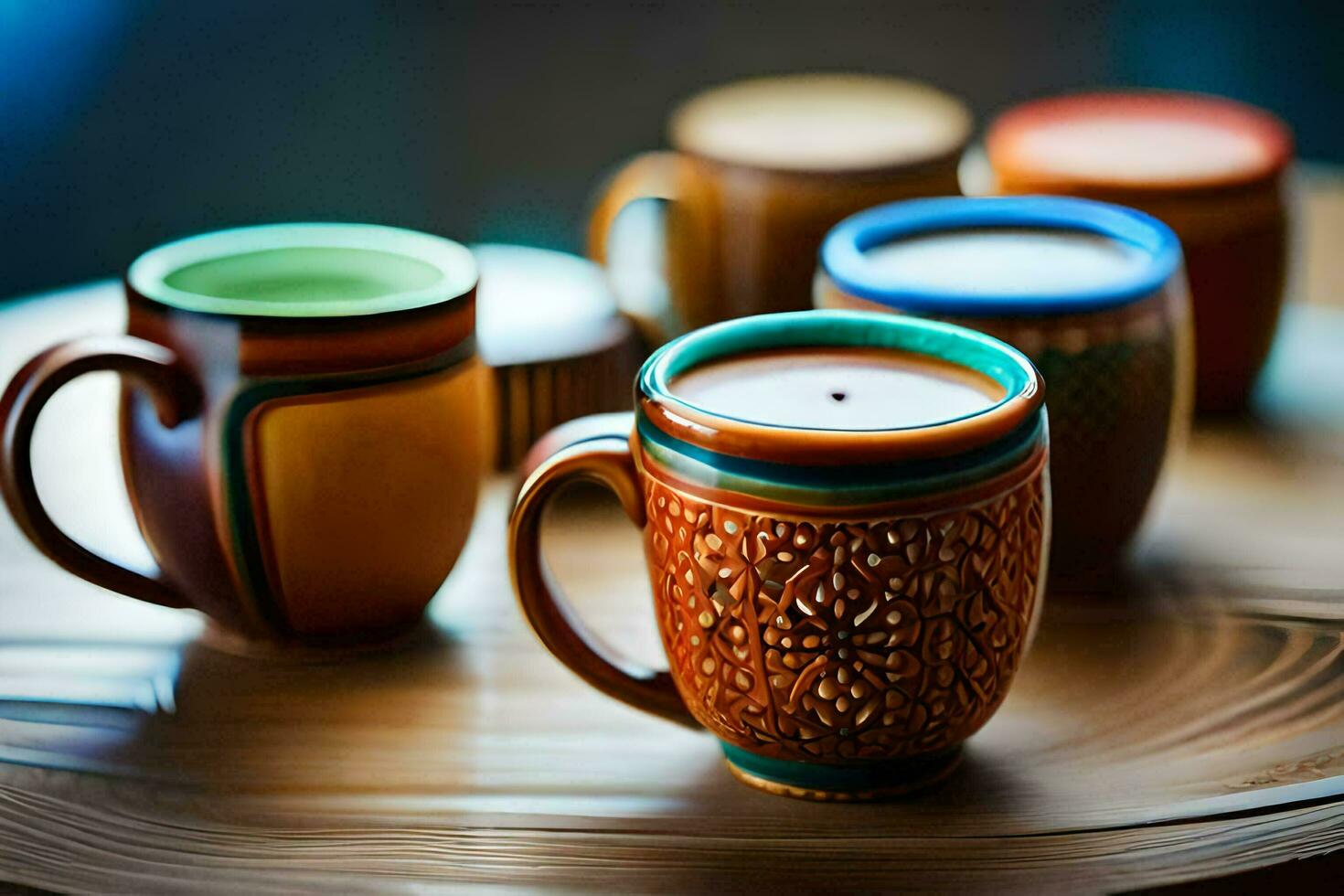 colorful mugs on a wooden table. AI-Generated photo