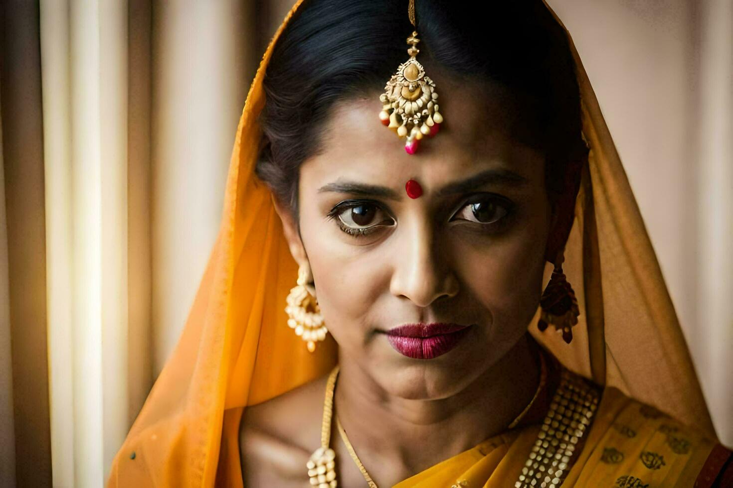 a woman in a sari with gold jewelry. AI-Generated photo