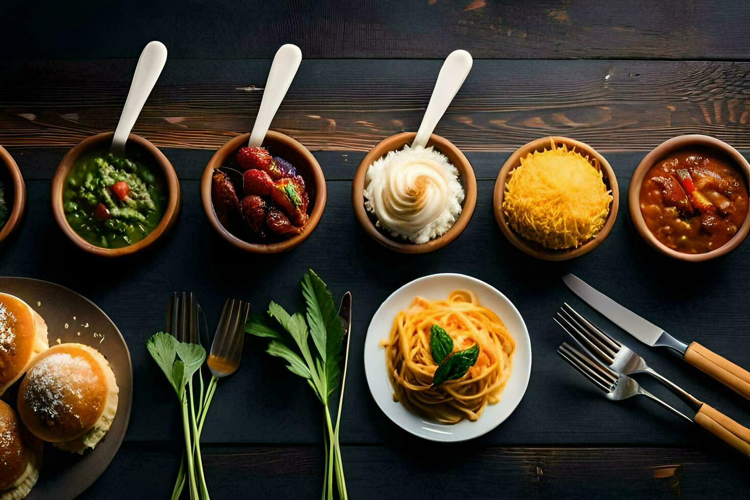 a variety of food in bowls on a table. AI-Generated photo