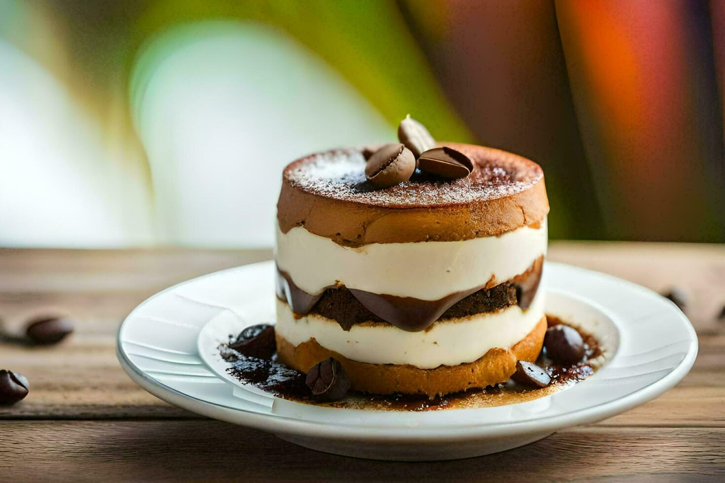 a dessert on a plate with coffee beans. AI-Generated photo