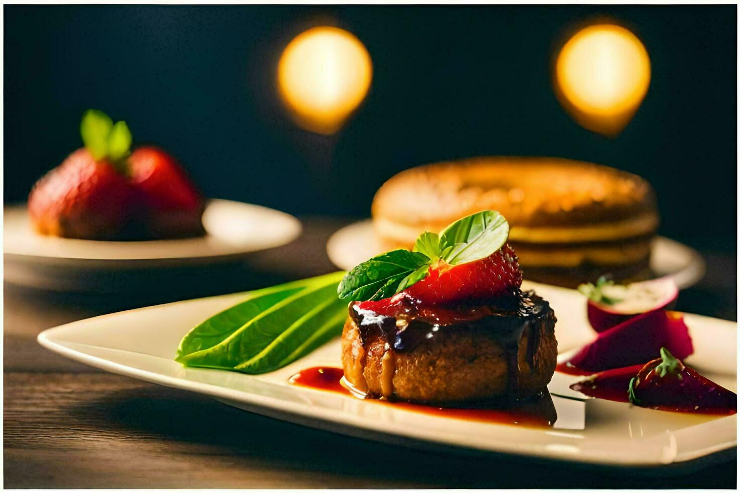 a plate with a dessert and a cake. AI-Generated photo
