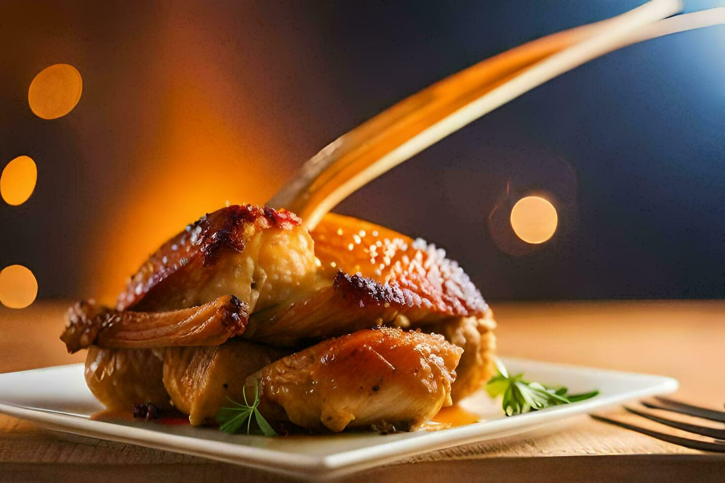 a plate with a chicken on it being served. AI-Generated photo