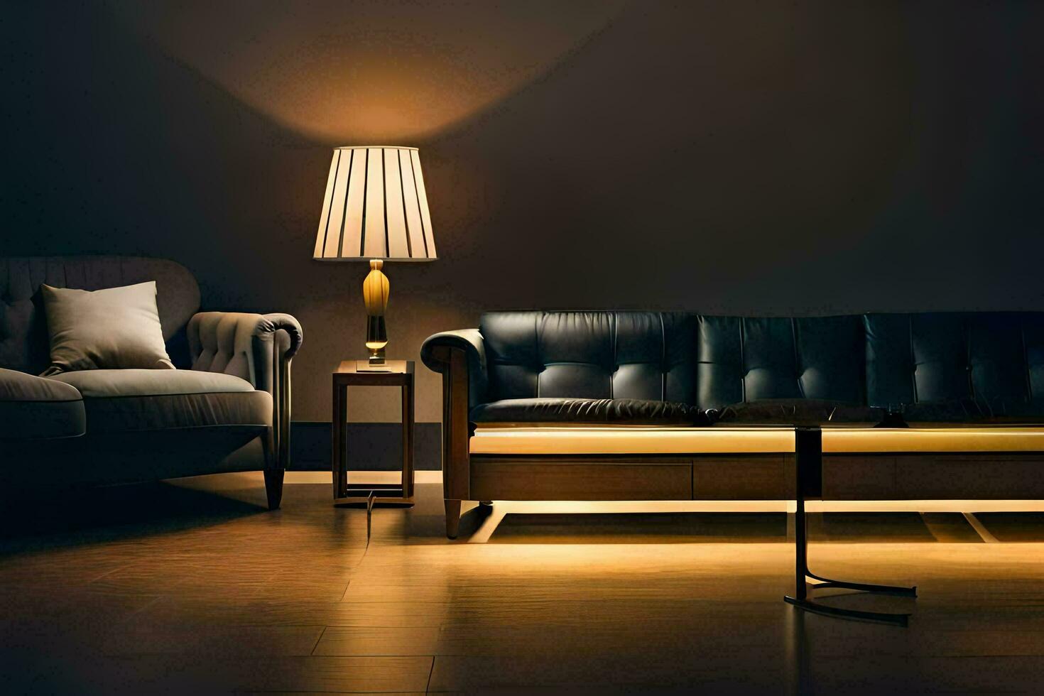 a living room with a couch and lamp. AI-Generated photo