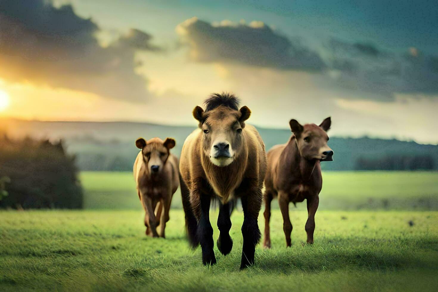 three horses are walking in the grass. AI-Generated photo