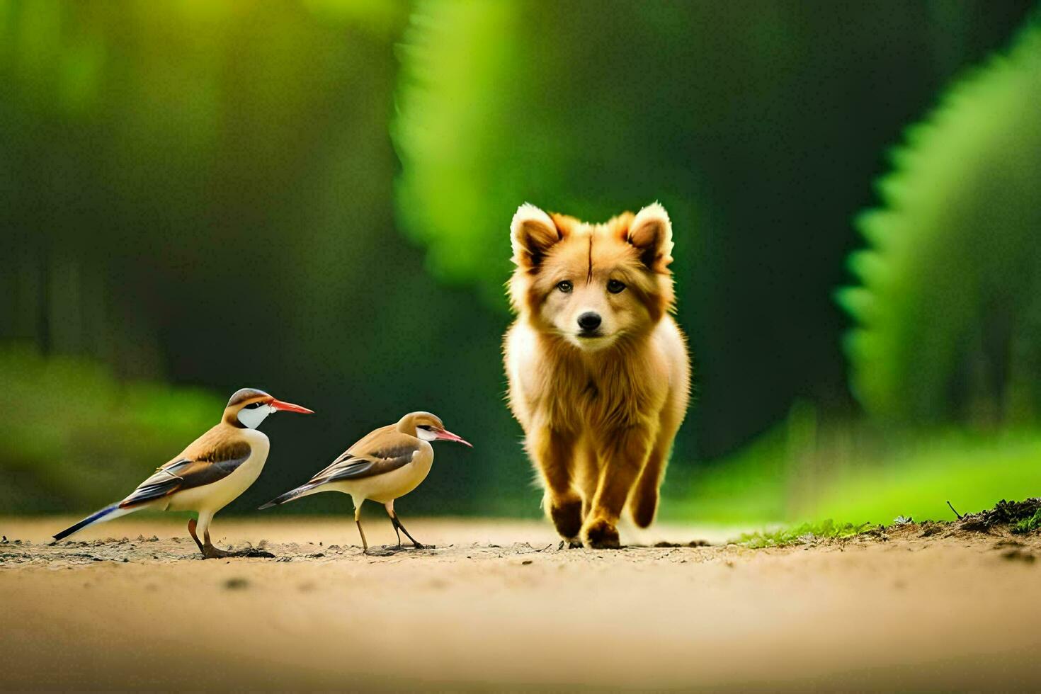 a dog and two birds walking on a road. AI-Generated photo