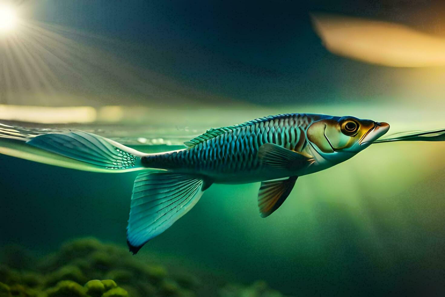 a fish swimming in the ocean with sunlight shining. AI-Generated photo