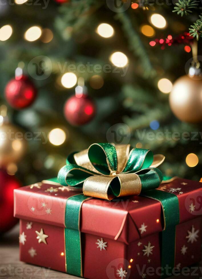 Photo of the Christmas tree and gift boxes presents Christmas lights Happy New Year AI Generative