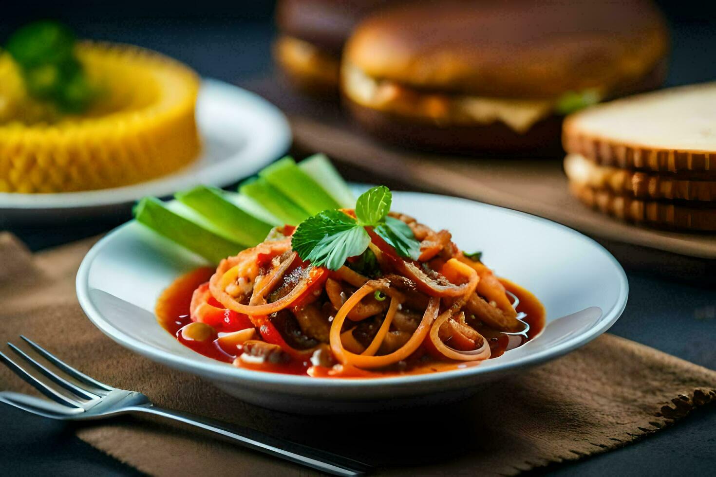 the food is served on a plate with a fork and a knife. AI-Generated photo