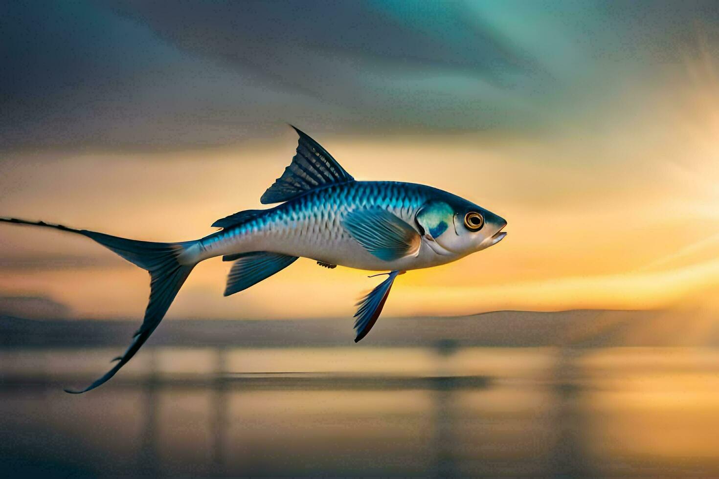 un pescado volador terminado el agua a puesta de sol. generado por ai foto