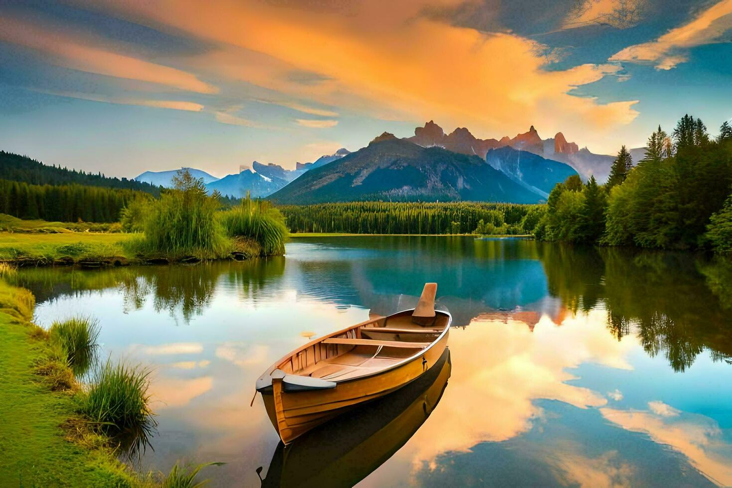 the boat is floating on the calm lake with mountains in the background. AI-Generated photo