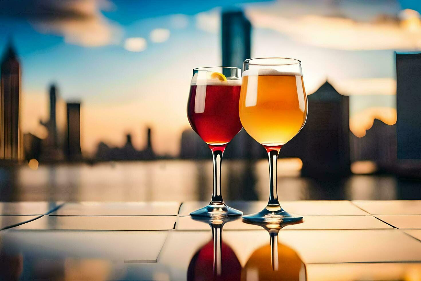 two glasses of wine with city skyline in background. AI-Generated photo
