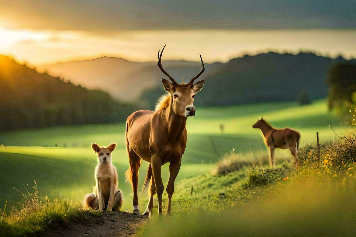 a deer and two dogs are standing in the grass. AI-Generated photo