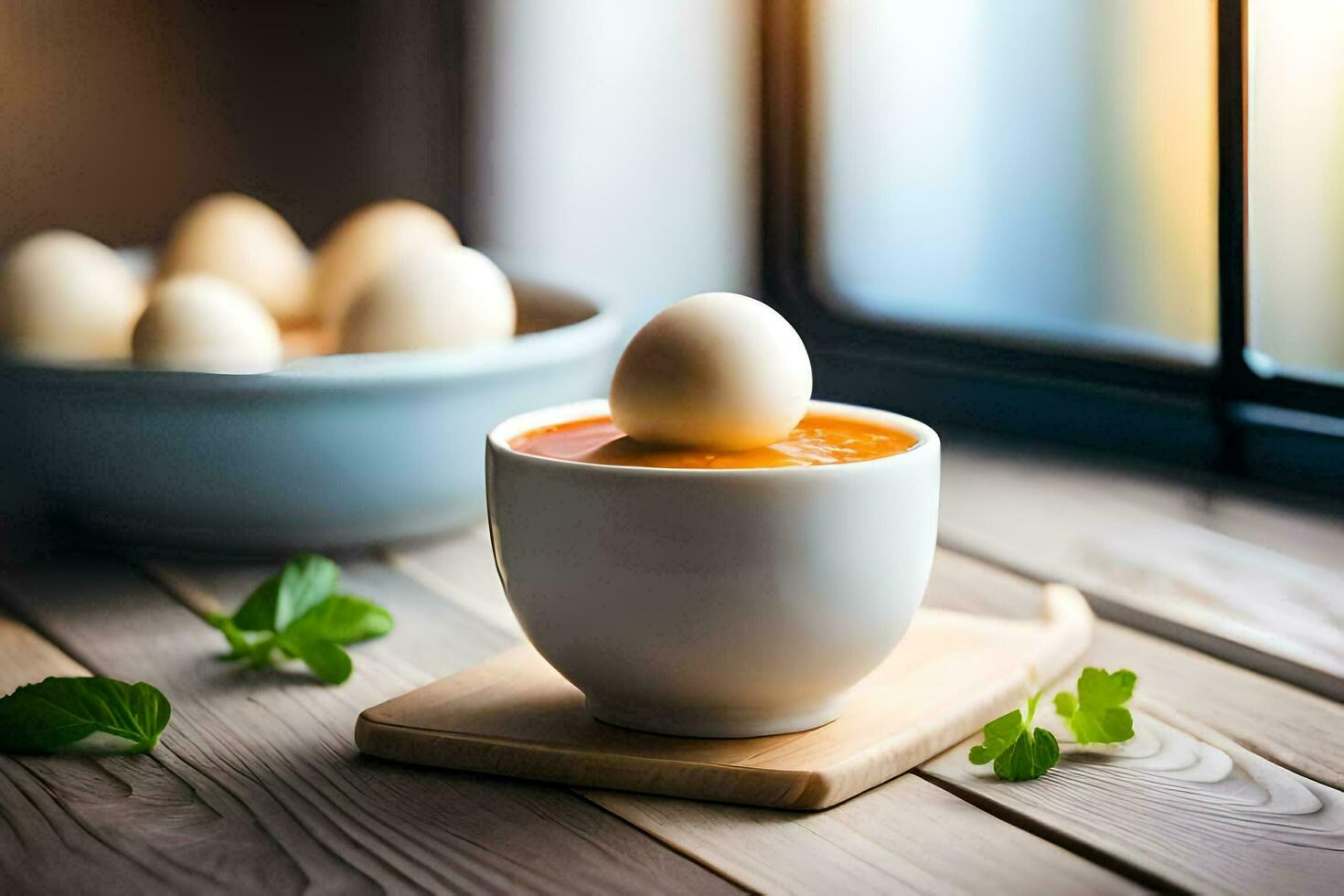 eggs in a cup on a table. AI-Generated photo