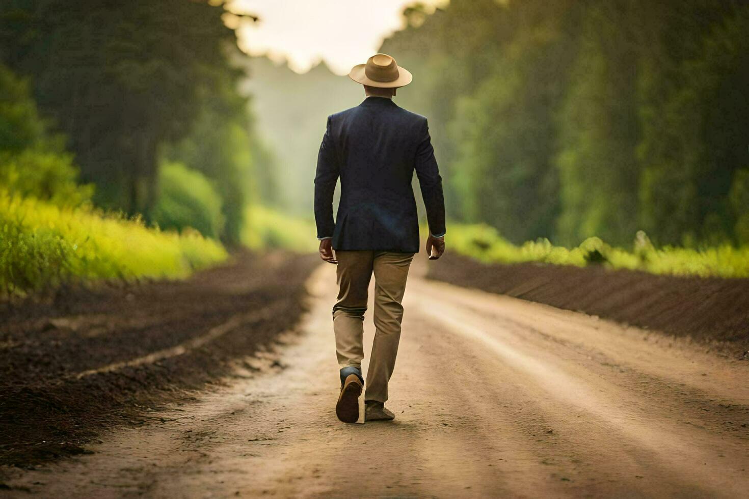 hombre caminando en un suciedad la carretera en el bosque. generado por ai foto