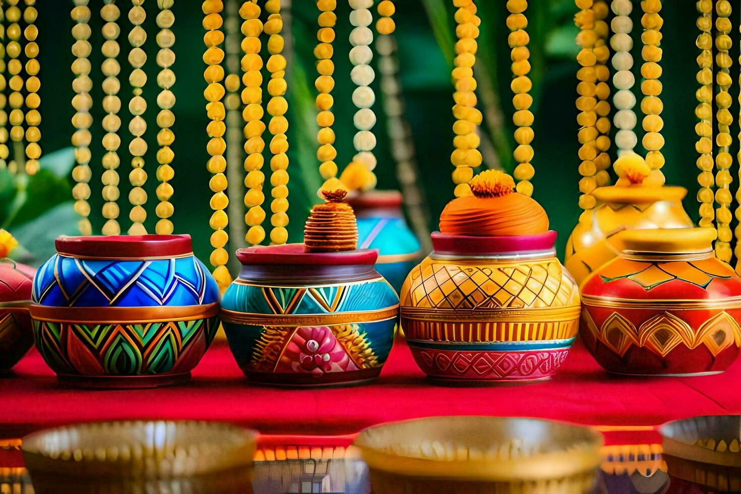 colorful pots and bowls on a red table. AI-Generated photo