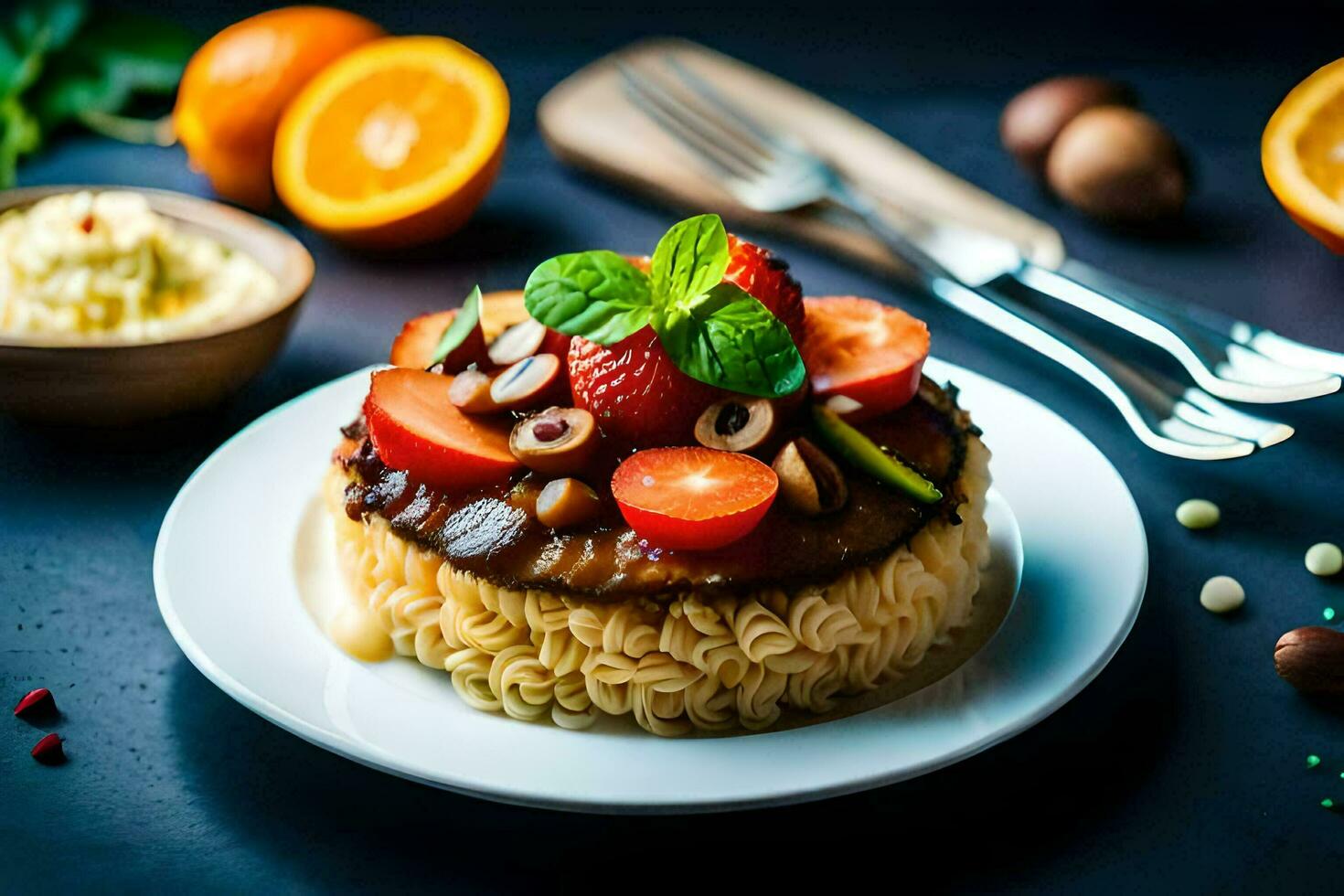 a plate with noodles, fruit and vegetables on it. AI-Generated photo