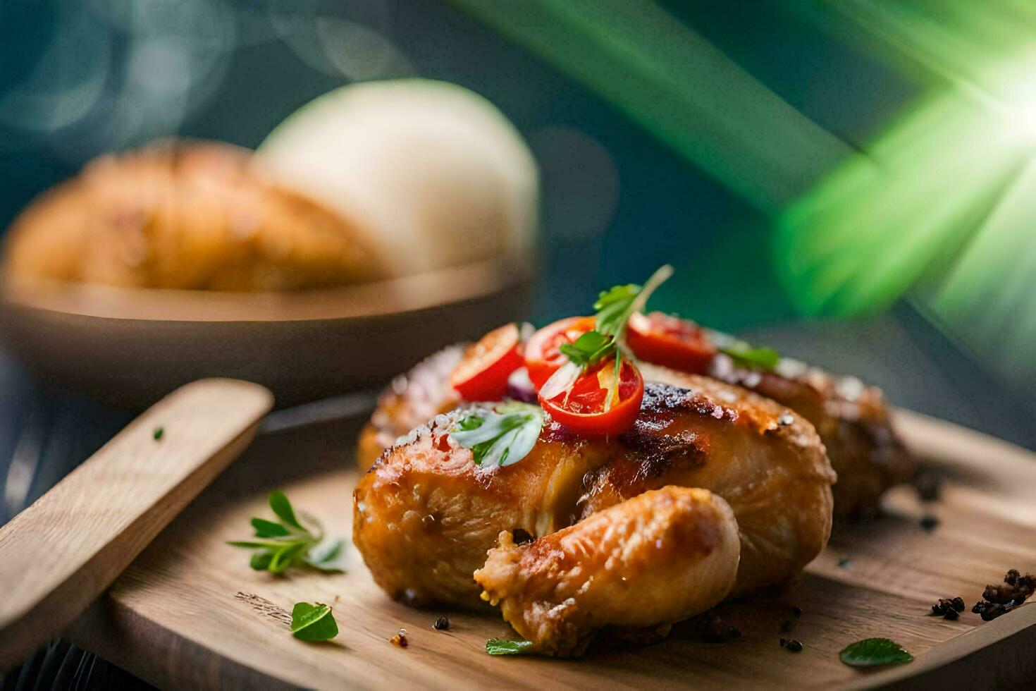 chicken with vegetables and herbs on a wooden plate. AI-Generated photo