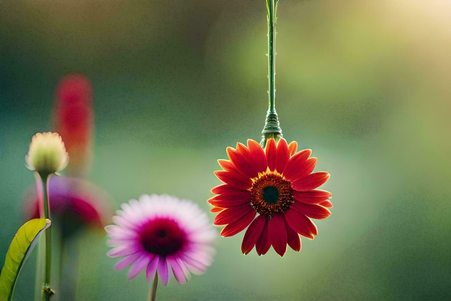 a red flower hanging from a string. AI-Generated photo