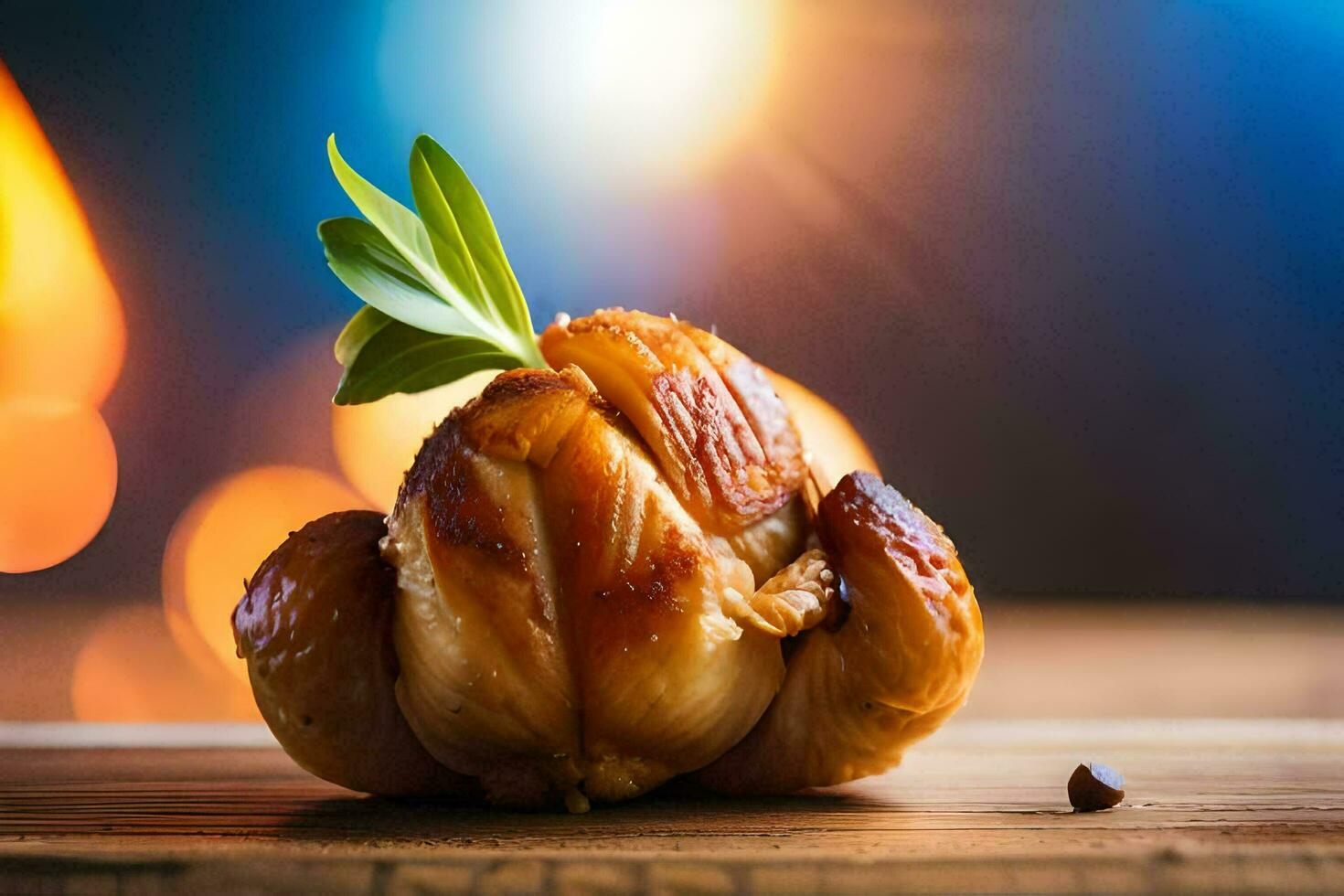 a chicken with a leaf on top of it. AI-Generated photo