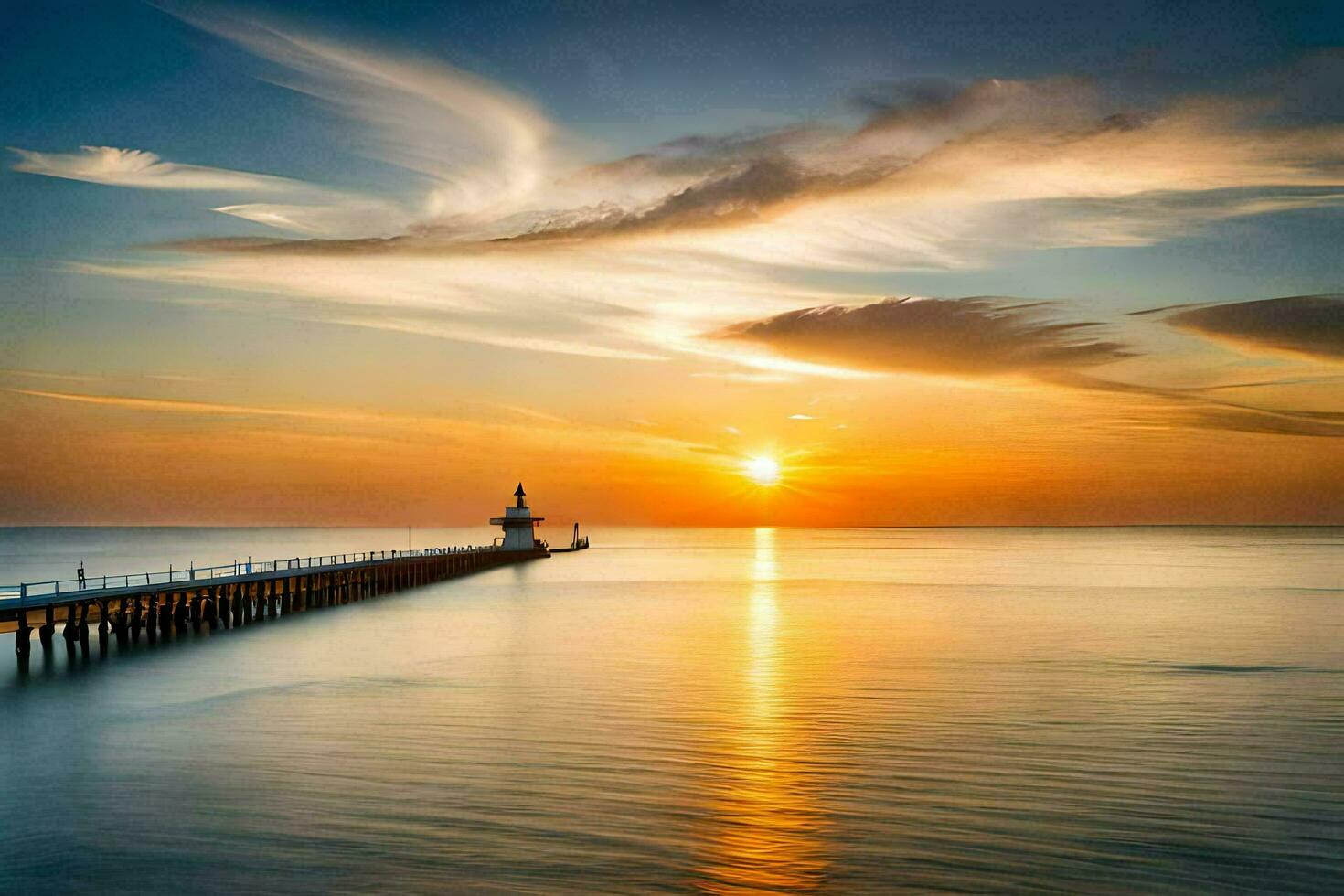 a long pier with a lighthouse at sunset. AI-Generated photo