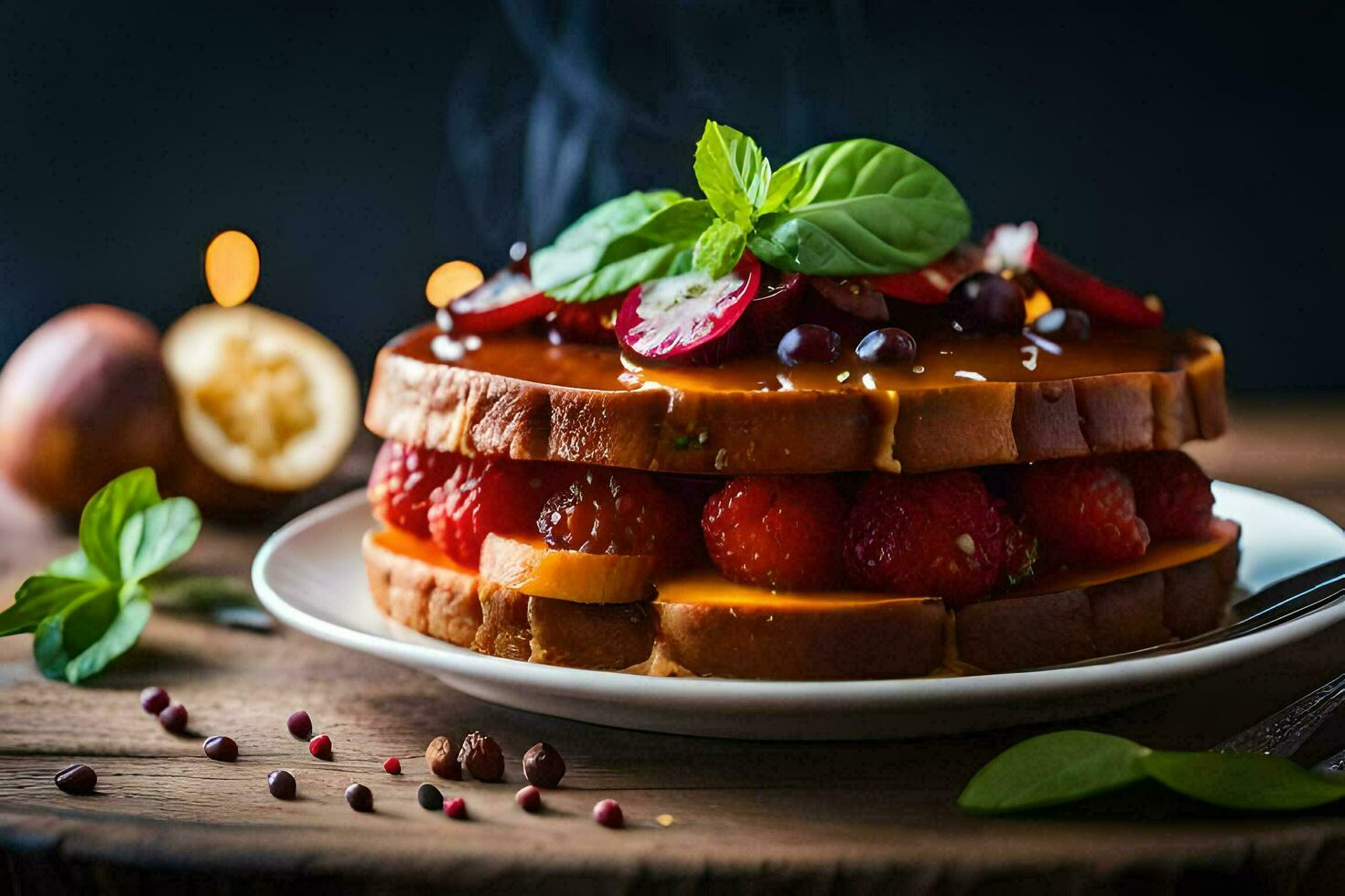 a cake with strawberries and nuts on a plate. AI-Generated photo