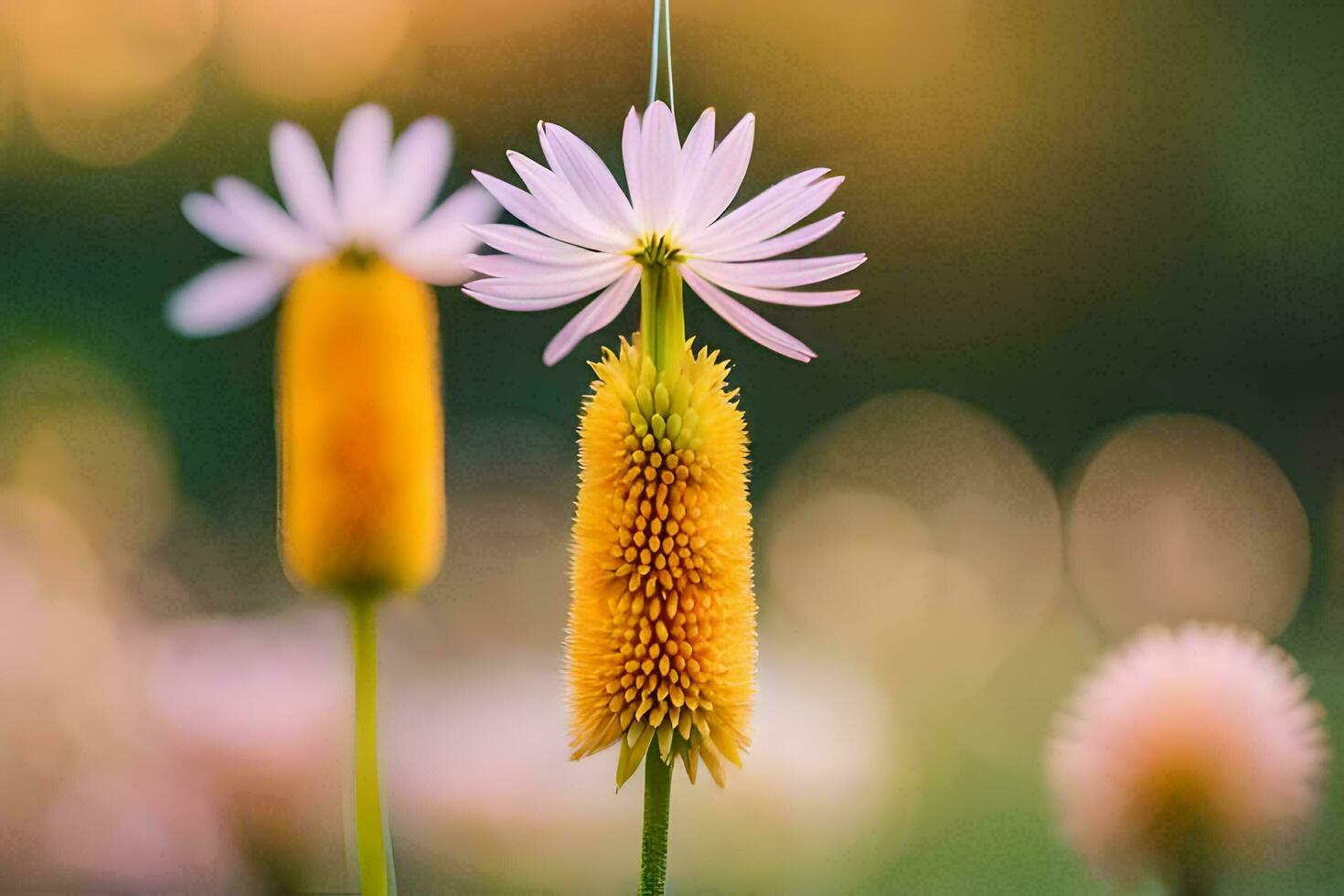 two flowers are standing in the middle of a field. AI-Generated photo