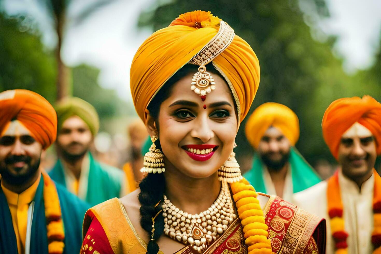un hermosa indio novia con su damas de honor generado por ai foto