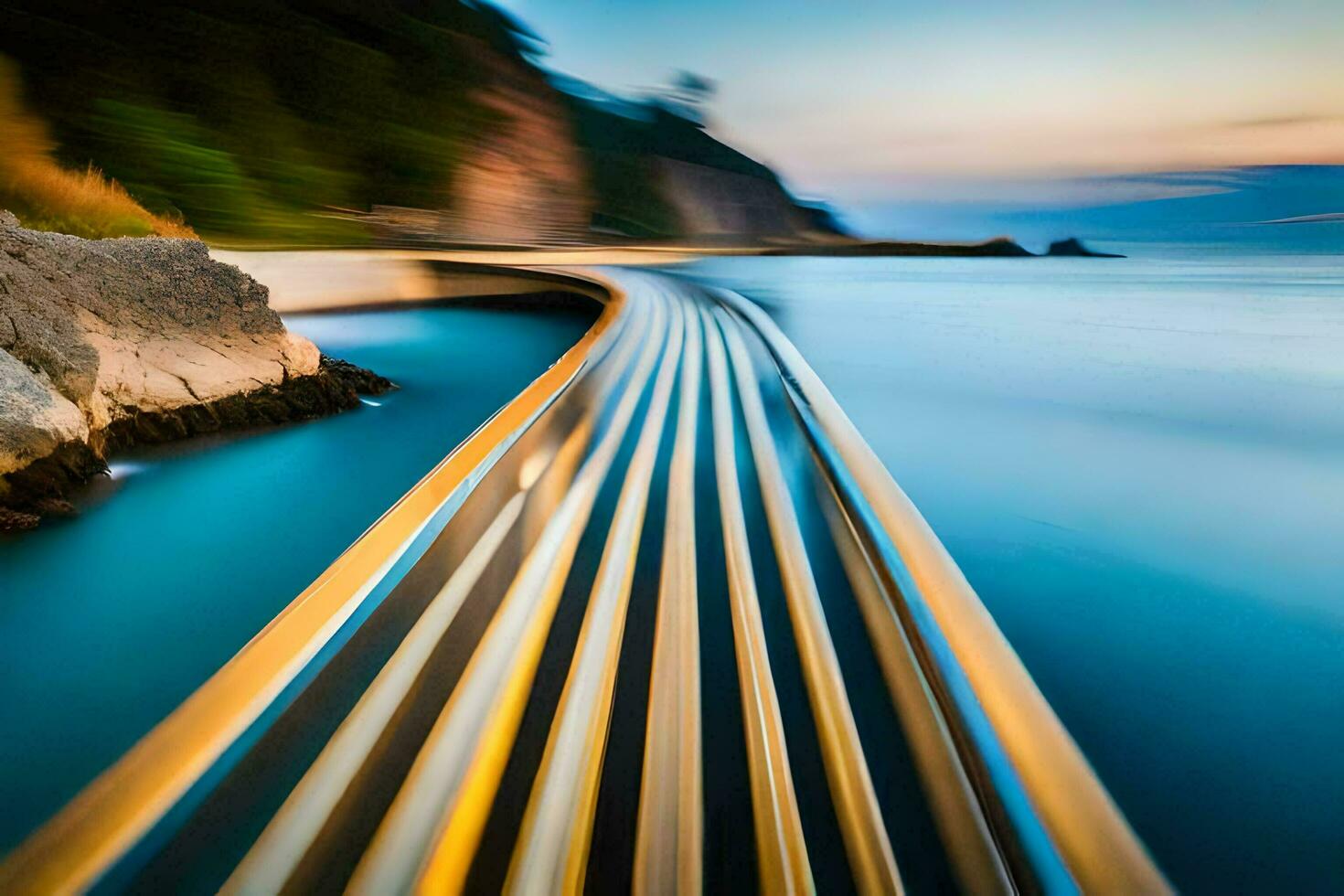 a long exposure photograph of a train traveling along the tracks. AI-Generated photo