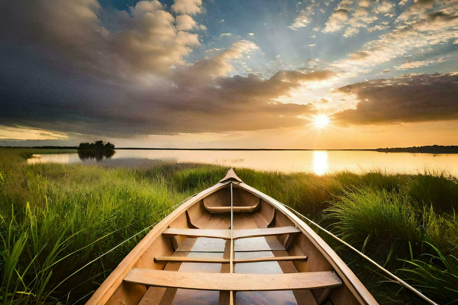 the boat is on the shore of a lake at sunset. AI-Generated photo