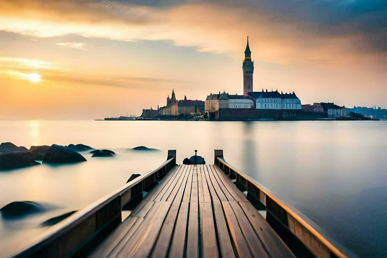 un muelle en el medio de el Oceano con un Iglesia en el antecedentes. generado por ai foto