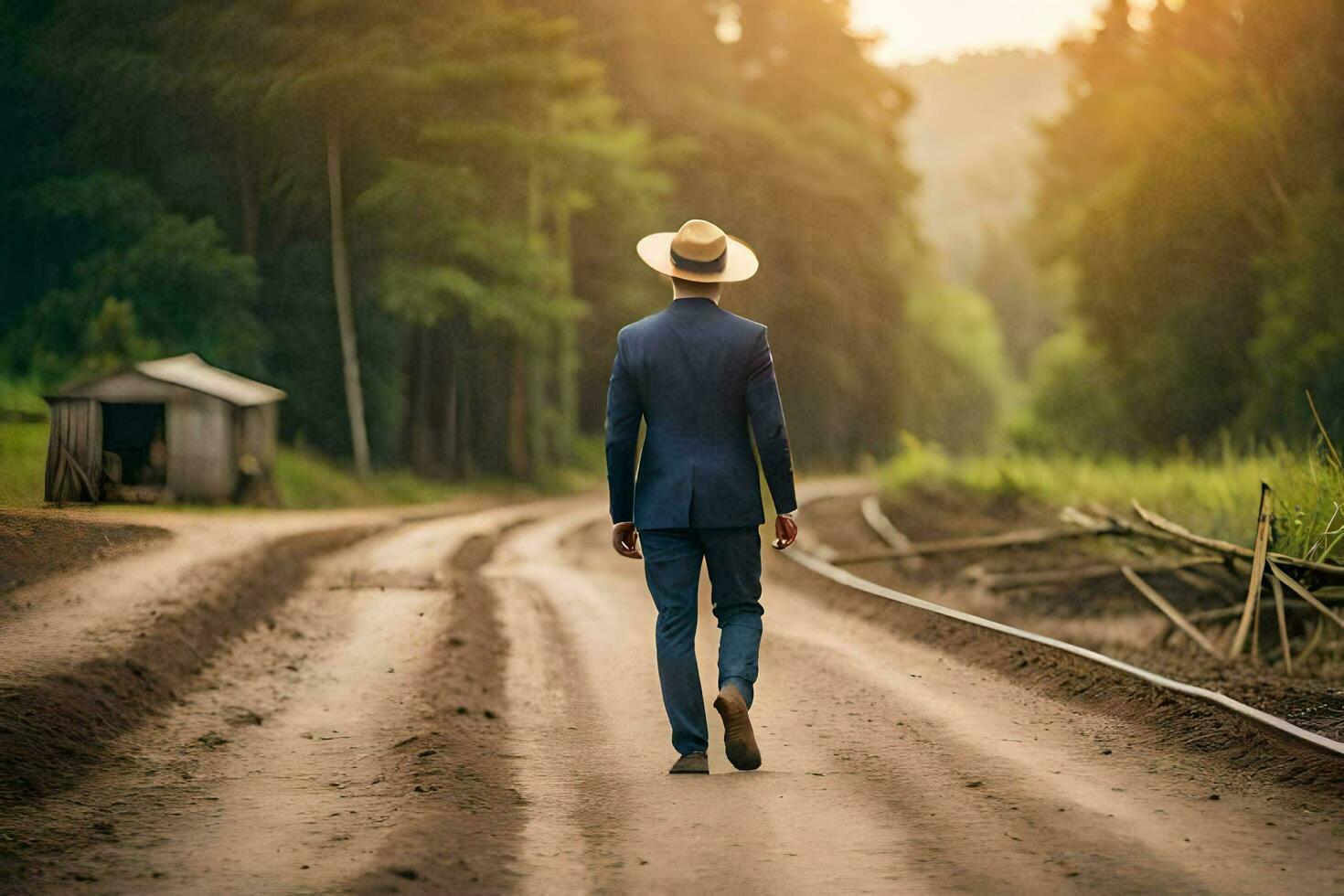 a man in a suit and hat walks down a dirt road. AI-Generated photo