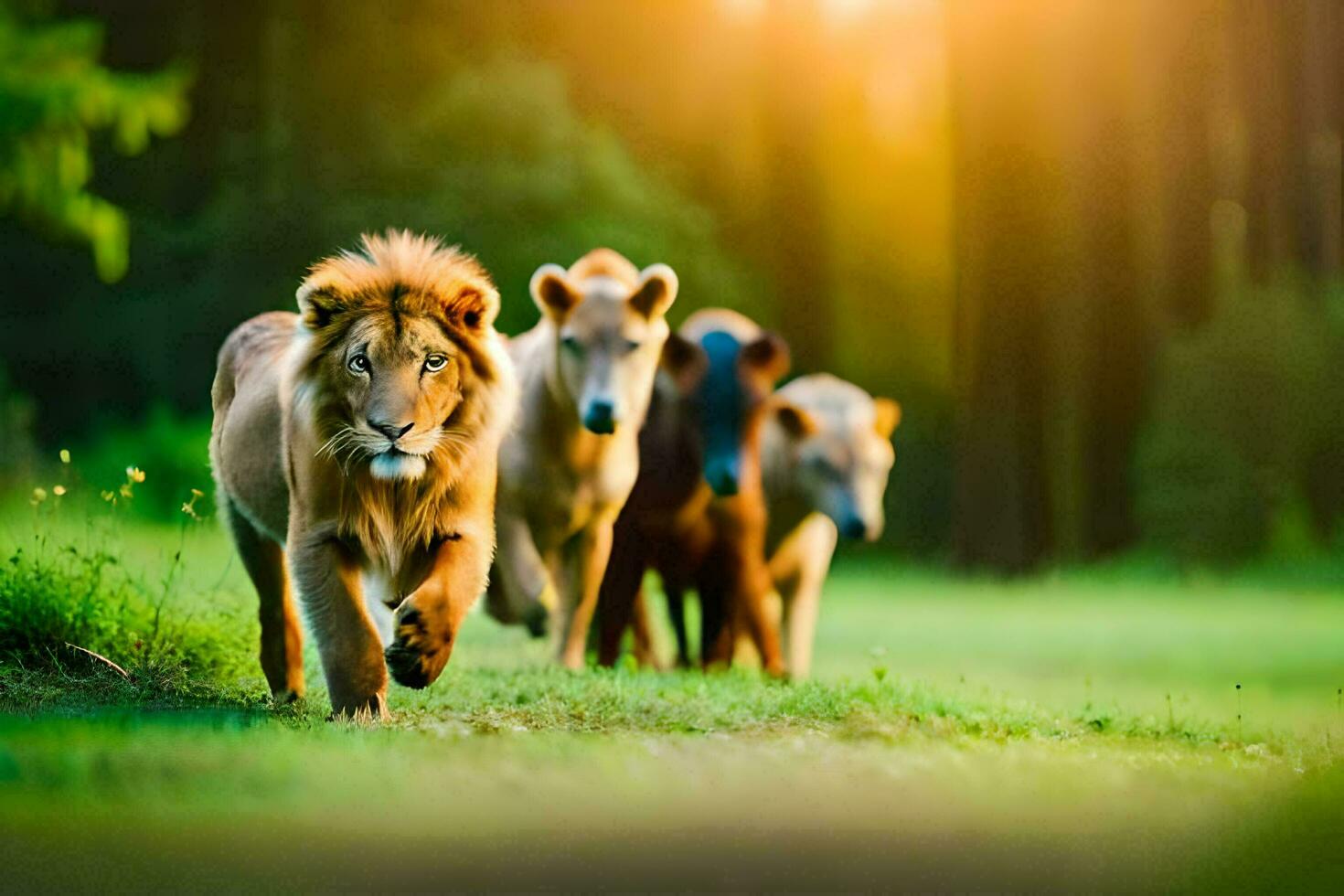 un grupo de leones caminando en el césped. generado por ai foto