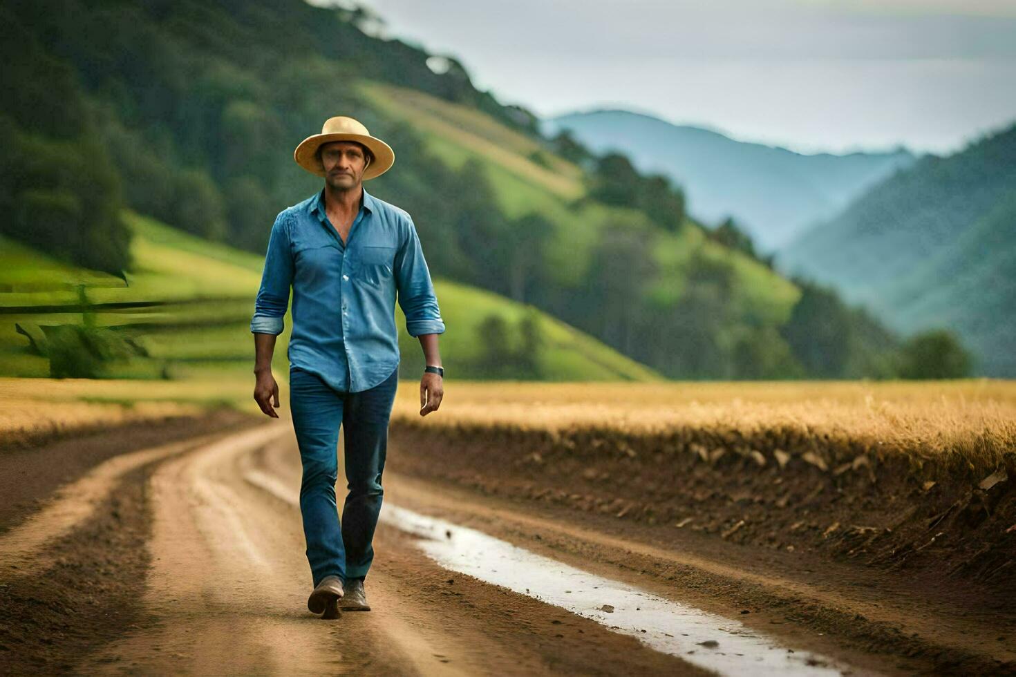 a man in a hat walks down a dirt road. AI-Generated photo