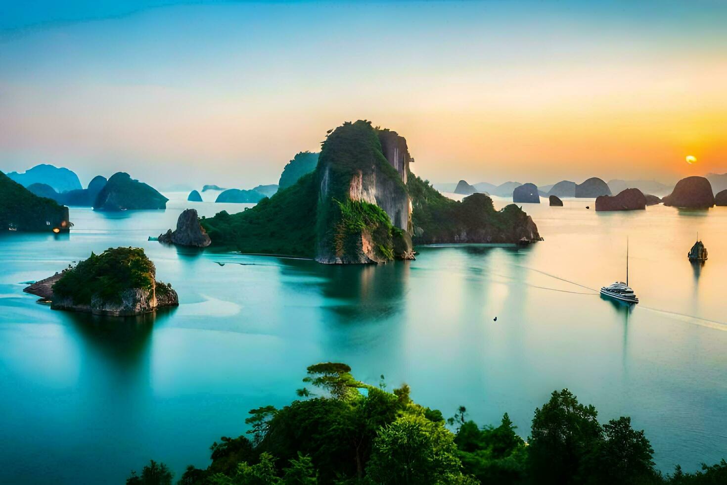 the sun sets over the water in halong bay. AI-Generated photo