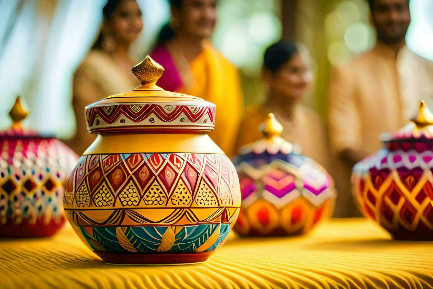 a group of people standing around a table with colorful vases. AI-Generated photo