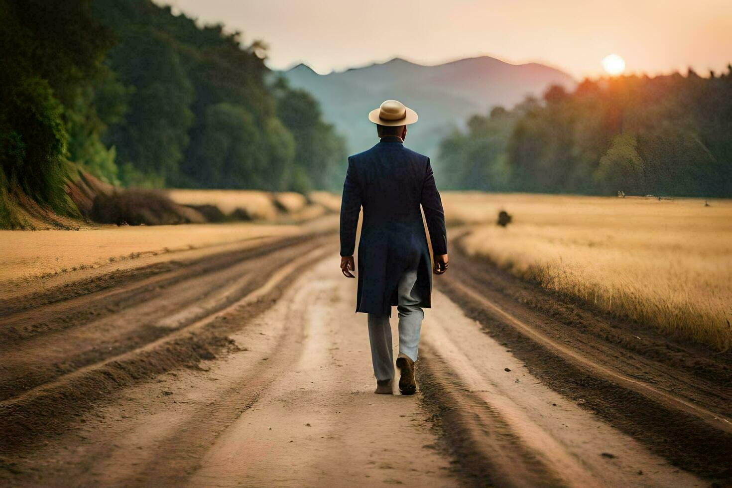 a man in a suit and hat walking down a dirt road. AI-Generated photo