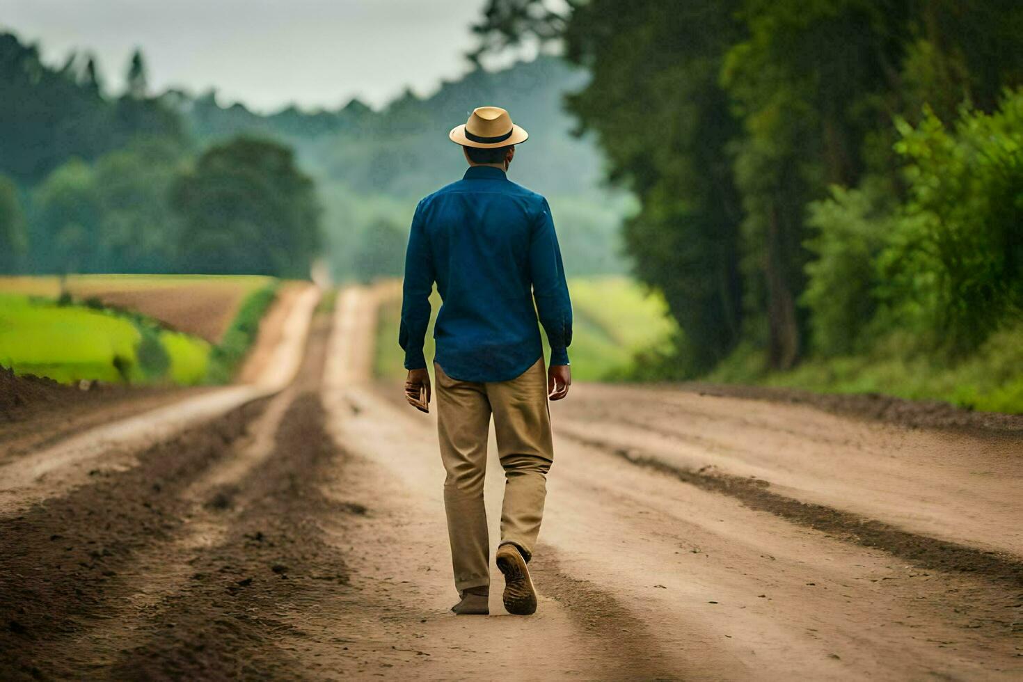 un hombre caminando abajo un suciedad la carretera en el medio de un campo. generado por ai foto