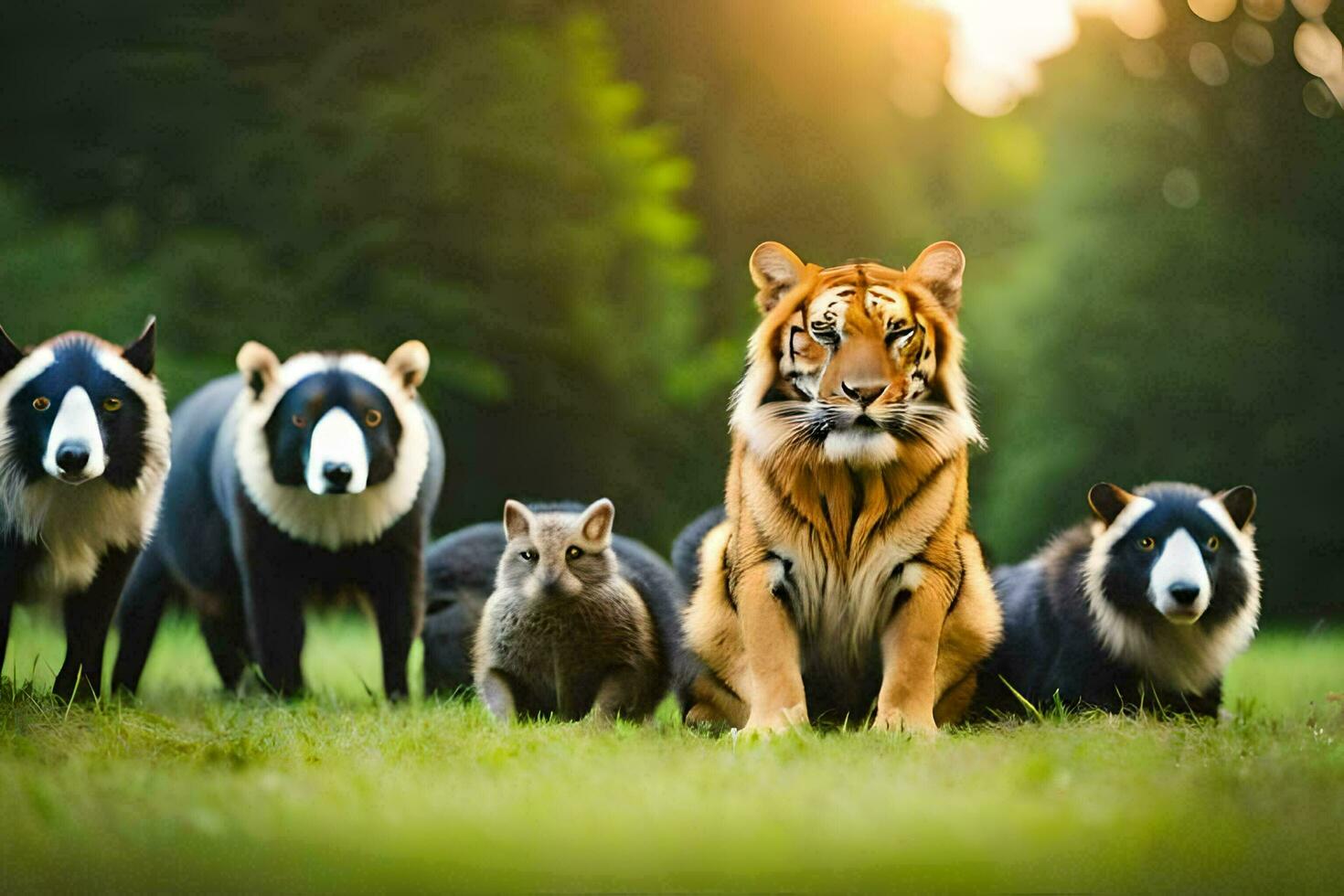 un Tigre y cuatro otro animales en el césped. generado por ai foto