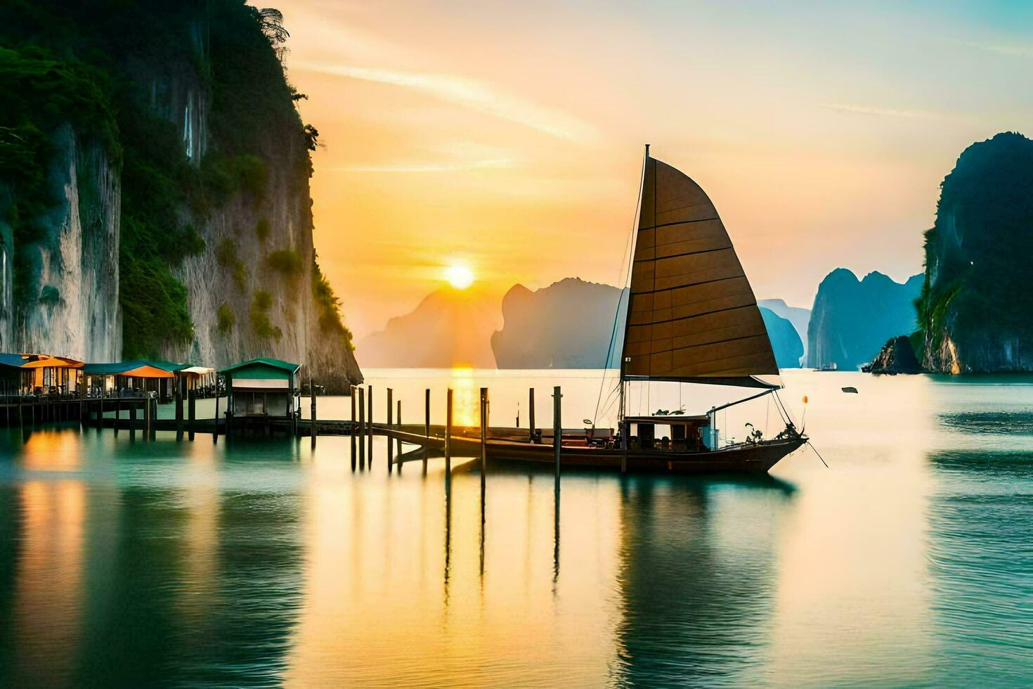 un barco es atracado a puesta de sol en el agua. generado por ai foto