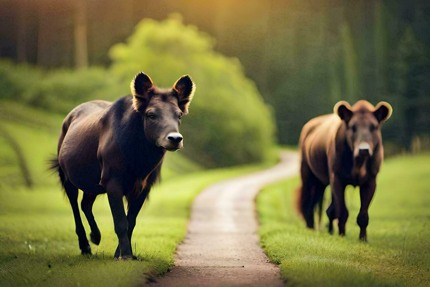 two brown horses walking down a path in the grass. AI-Generated photo